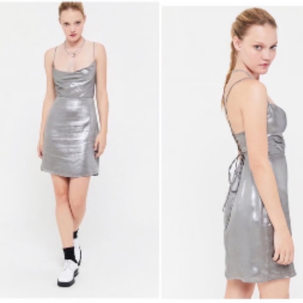 Urban Outfitters Disco Lame Tie-Back Metallic Silver Slip Dress Size XS